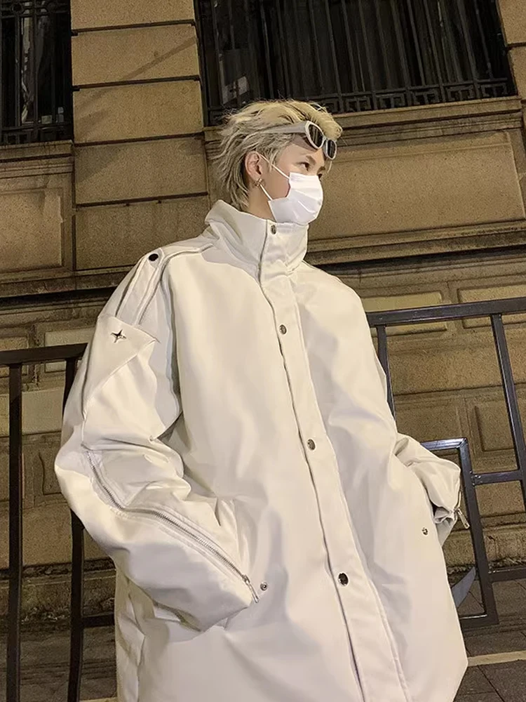 Jaket Pria Musim Dingin Kulit PU Putih Berlapis Kapas Gaya Amerika High Street Oversize Kerja Kerah Tegak Mantel Katun