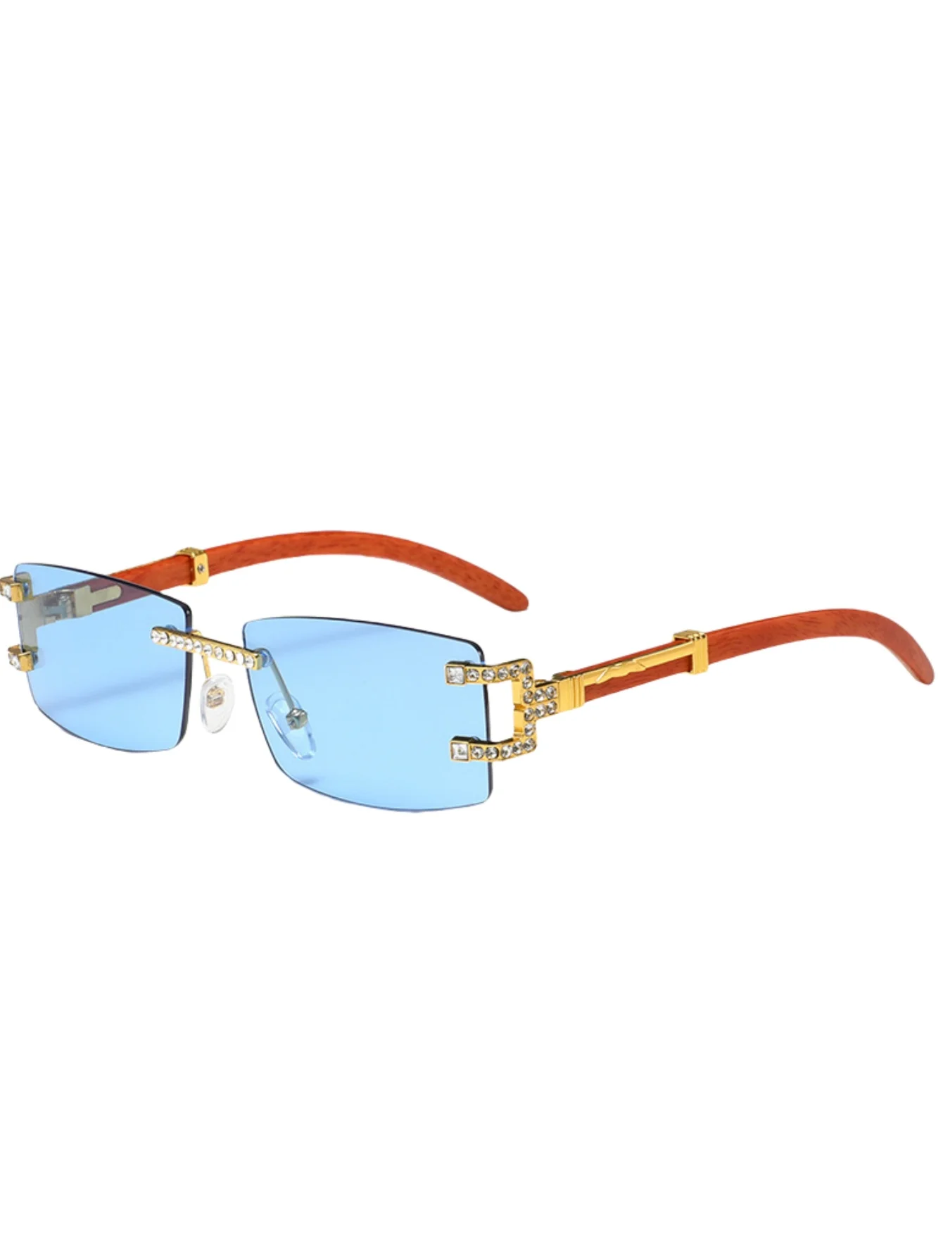 Lunettes de soleil rétro à la mode avec jambe en bois, tendance, lunettes sans monture en diamant, tir de rue.