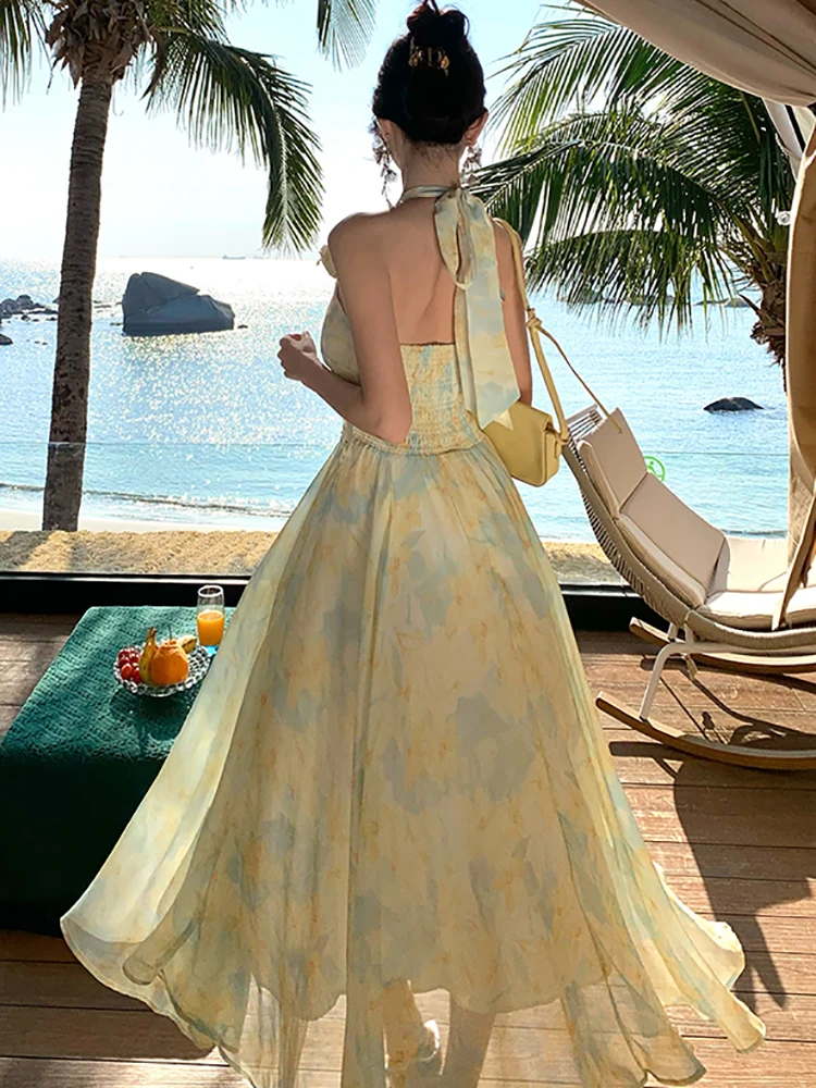 2025 Floral Chiffon Chic Diamonds Bow Neck-mounted Dress Women Elegant Beach Style Maxi Dress Summer Korean Bodycon Party Dress