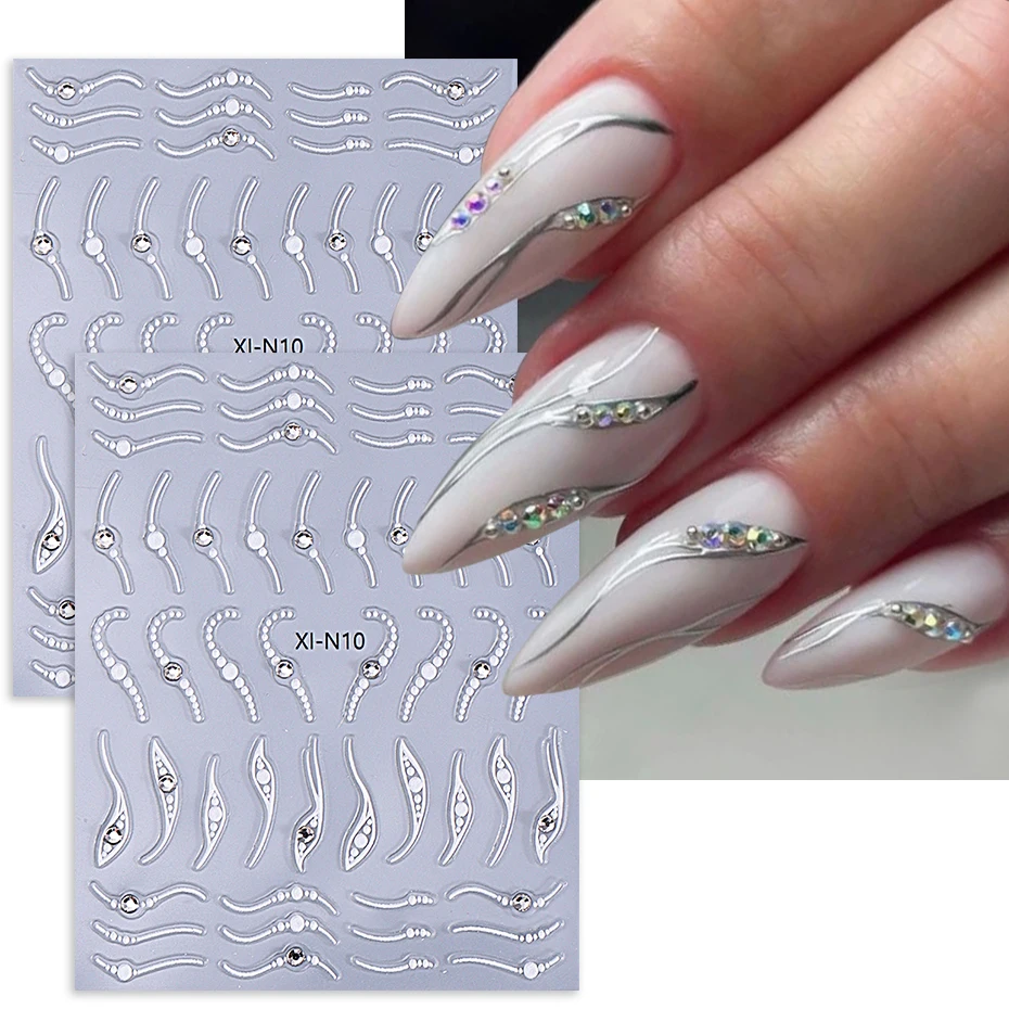 3D Rhinestones Gold Silver French Nail Art Stickers White Wave Simple Line Design Adhesive Slider Decals DIY Manicure Decoration