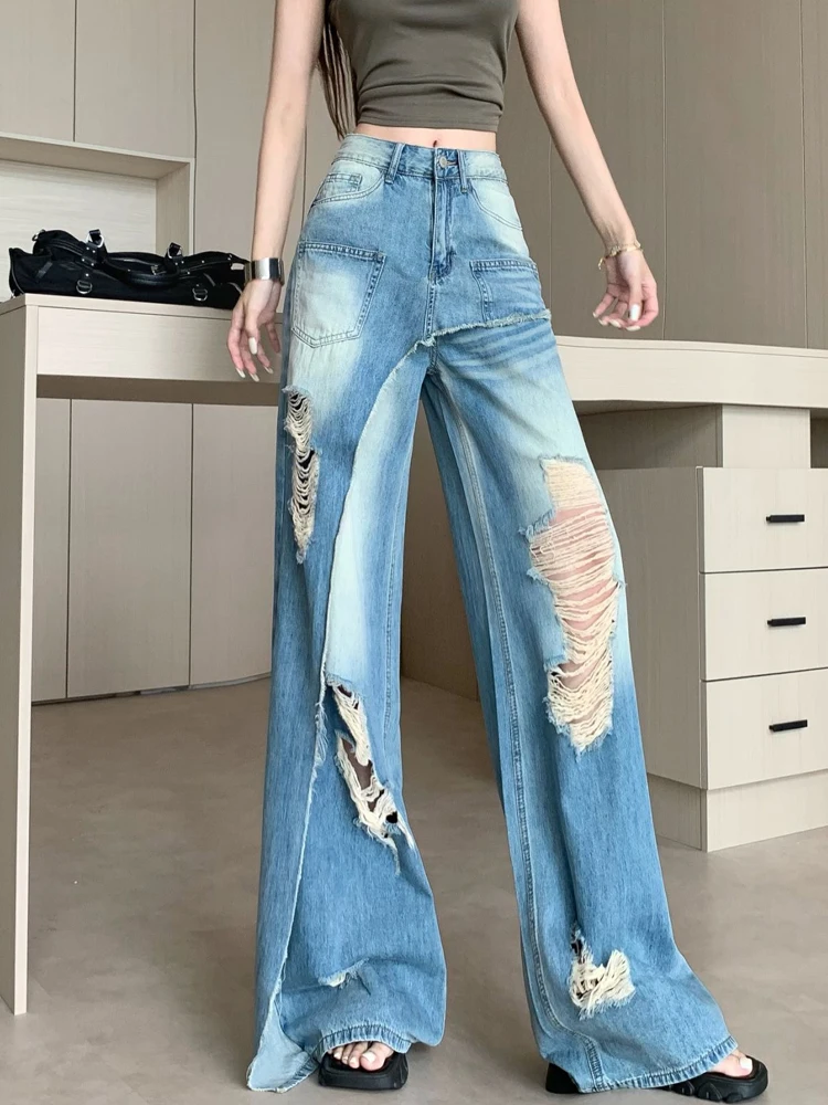 

Gyaru Streetwear Pants For Woman 2025 New Design Baggy Pants Y2K Jeans Patchwork Ripped Straight Leg Jeans Women'S Denim Pants