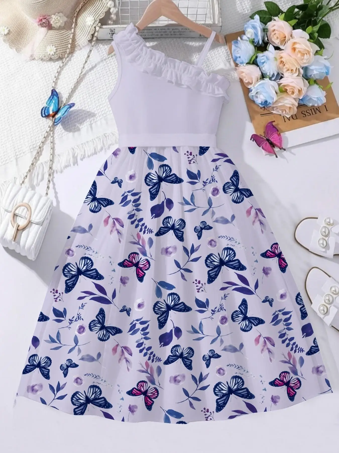 Girls Ruffle Trim One Shoulder Sundress Butterfly Floral Print Slim-Fitting A-Line Dress Romantic Vacation Style