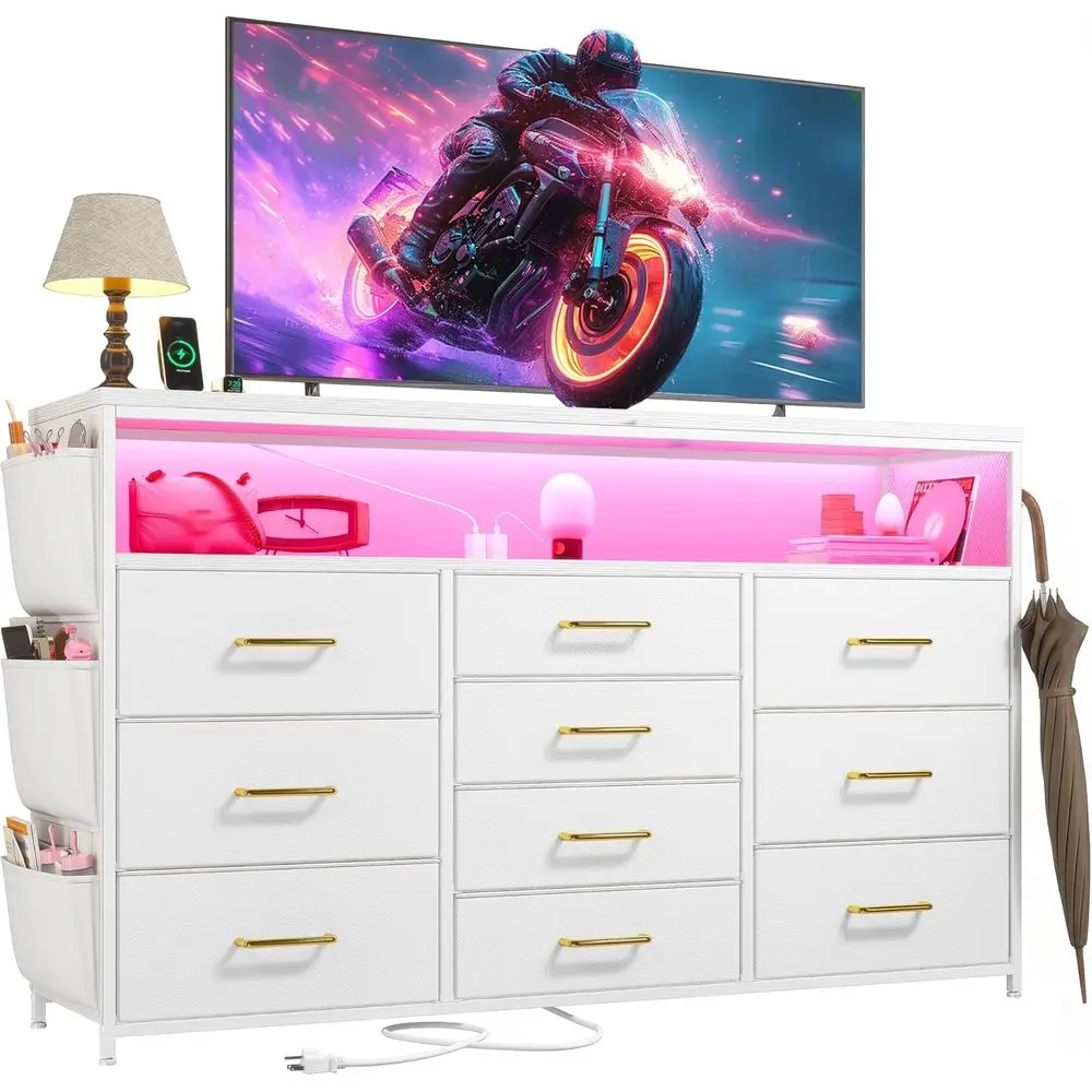 

Bedroom with 10 Drawers, 55 TV Stand with LED Lights and Power Outlets, Drawers with Shelves and Side Pockets, Hooks for Hallway