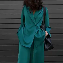 Women Blazer Coat Trousers Set Formal Business Style Women Coat Pants Suit Long Sleeve Loose Wide Leg Straight Pants Suit Set