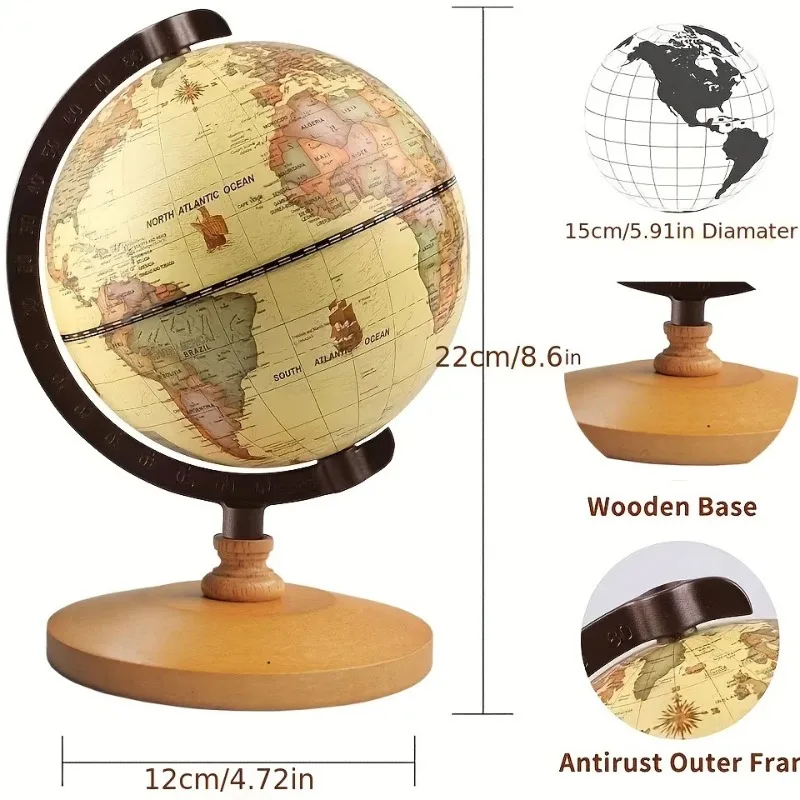 Vintage Antique English World Globe 14cm Wooden Base Retro Desktop Ornament For Home Office Study Decor Lucky Educational Gift