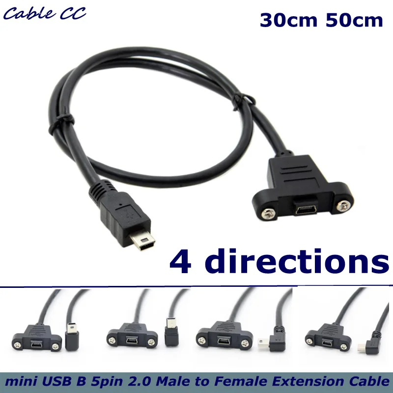 Left Angle Mini USB Male to Female Extender Bolt Screw Lock Mount Cable, Sync Data Meter Mini USB 5 Pin Extension Cable,
