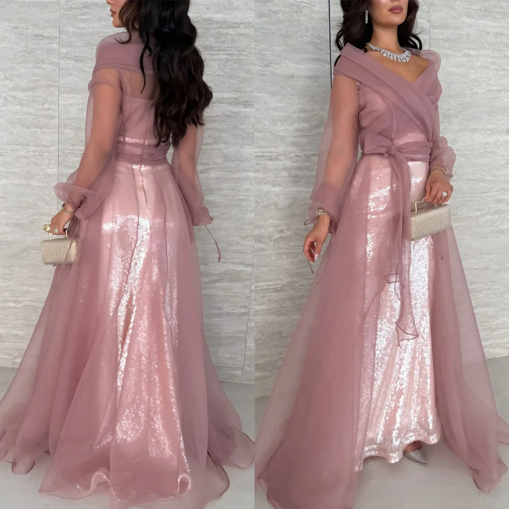 

Customized Luxury Pink Organza Evening Dress Elegant Off the Shoulder Long Sleeves Celebrity Gowns Exquisite Party Gowns
