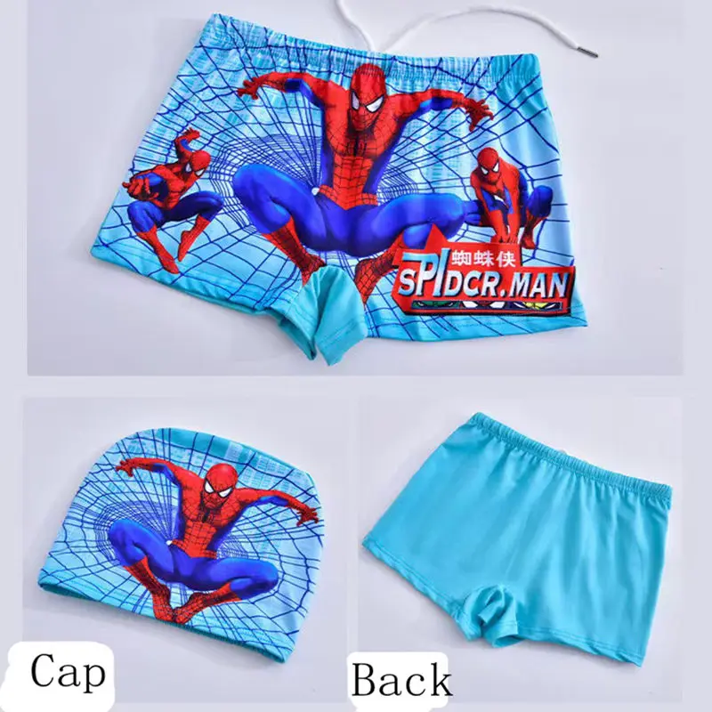 Summer Baby Boys Swimwear Cartoon Spider Man Print Swimming Trunks Cap 2 PCS Set Kid Girl Casual Beach Shorts Pant Hat Suit 0-9T