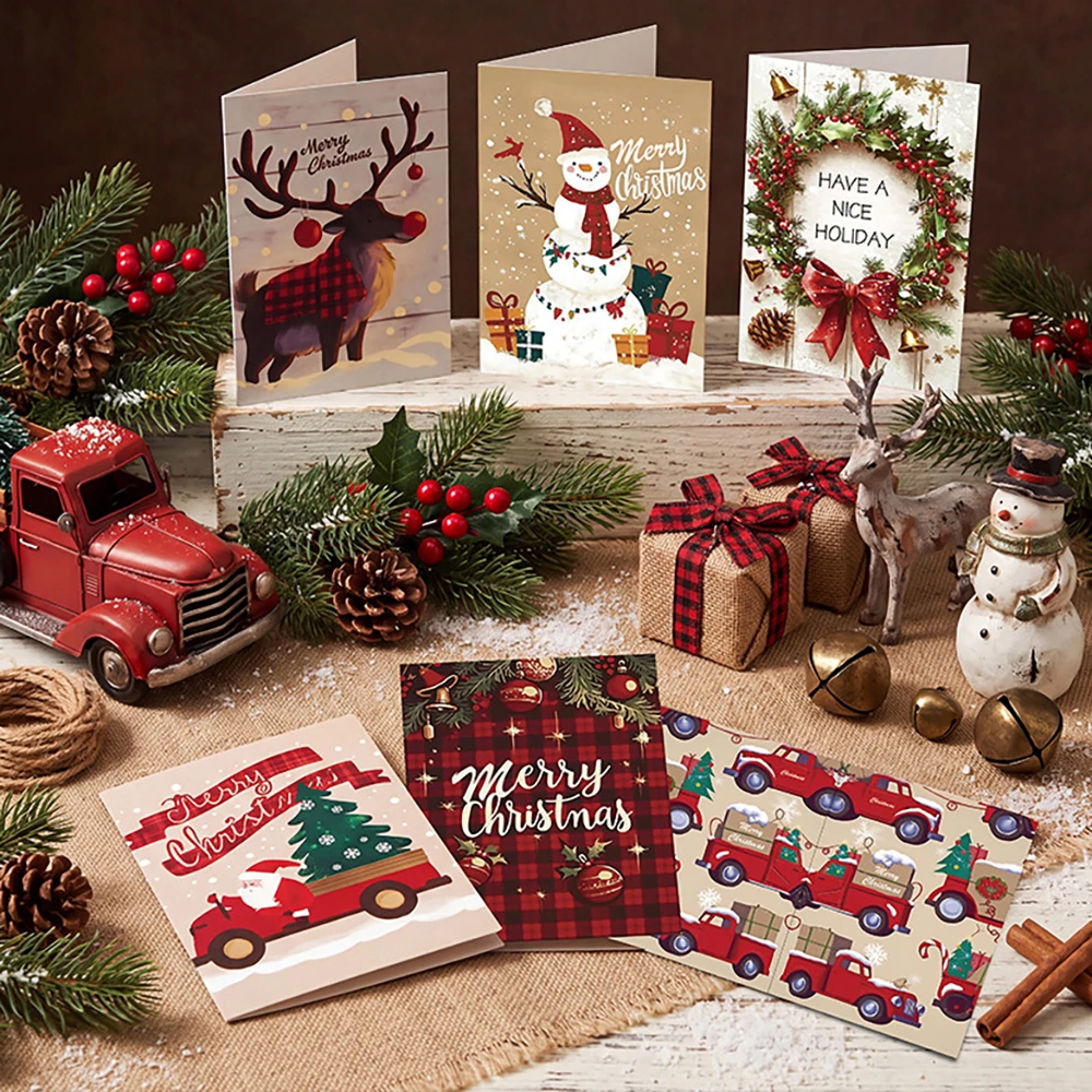 12 pcs Christmas cards, vintage reindeer snowman cards, Christmas Eve greetings, holiday gifts, message cards