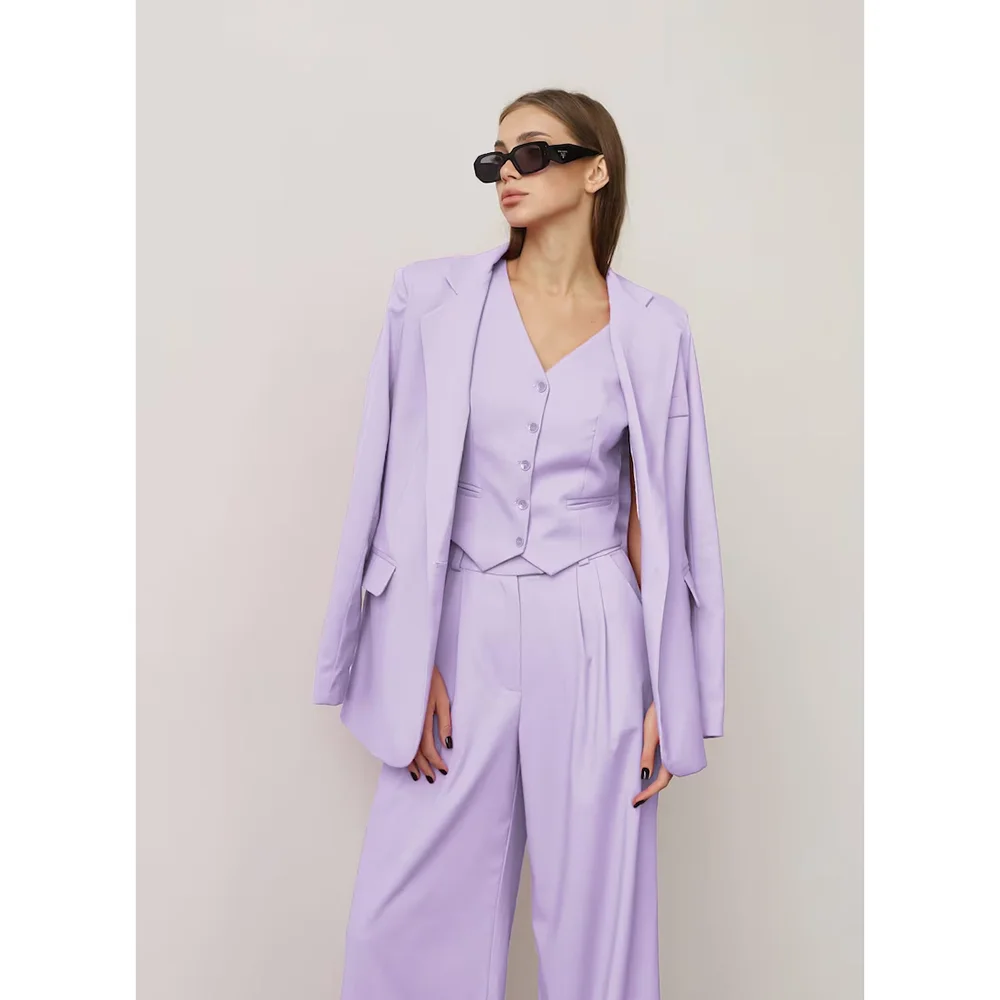 Fashion Lavender Women Suits 3 Piece Chic Notch Lapel One Button Wear Elegant Daily Office Pants Sets (Blazer+Vest+Pants)