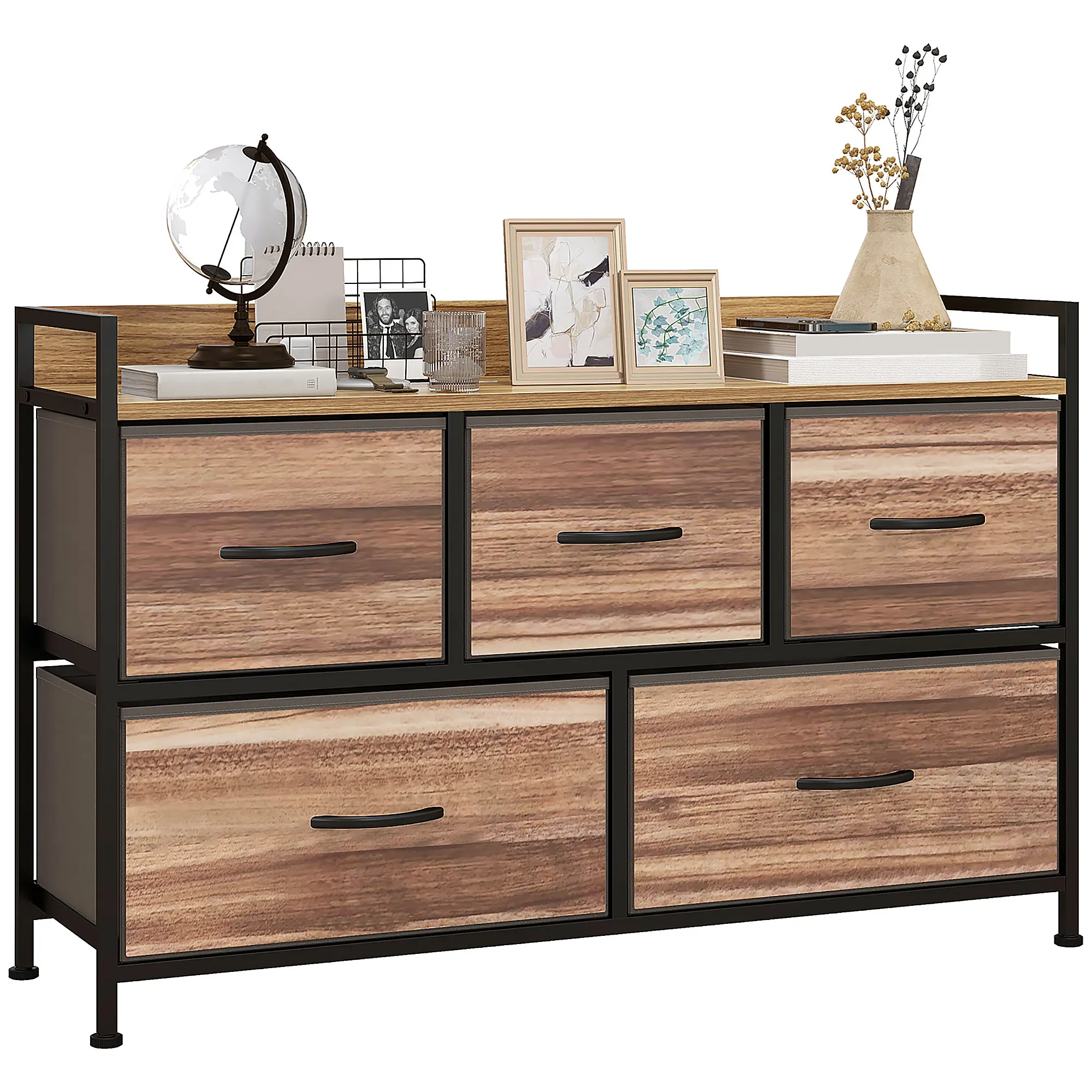 HOMCOM Mueble de almacenaje práctico 5 cajones de tela 98x29x63 cm estructura de acero negro