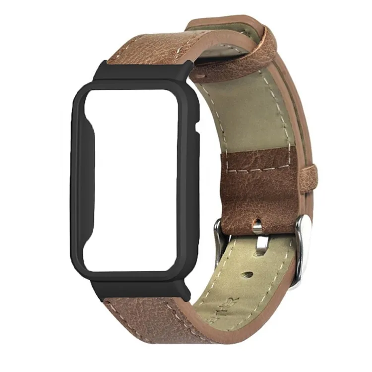 

For Xiaomi Mi Band 7 Pro Genuine Leather Watch Band Replacement Wrist Strap with Watch Case Cover - Brown