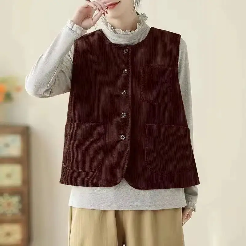 

Spring Autumn 2025New Vintage Round Neck Joker Corduroy Vest Women's Jacket Casual Loose Ladies Sleeveless Waistcoat Female Tops