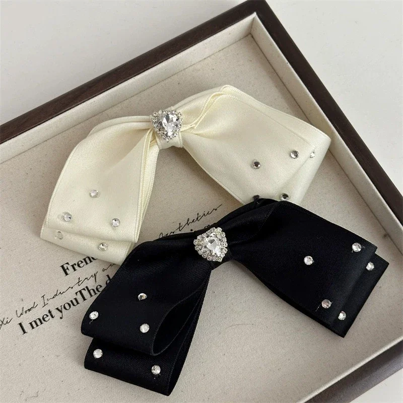 Korean Bow Hairpins for Girl Satin Bow Hairpin Crystal Rhinestone Temperament Ponytail Clip Spring Clip Back White Head Top Clip