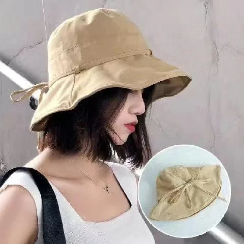 Summer New Women Bucket Hat Solid Color Bows Soft Cotton Outdoor Sun Hats Beach Panama Caps Wide Brim Fishermen Hats