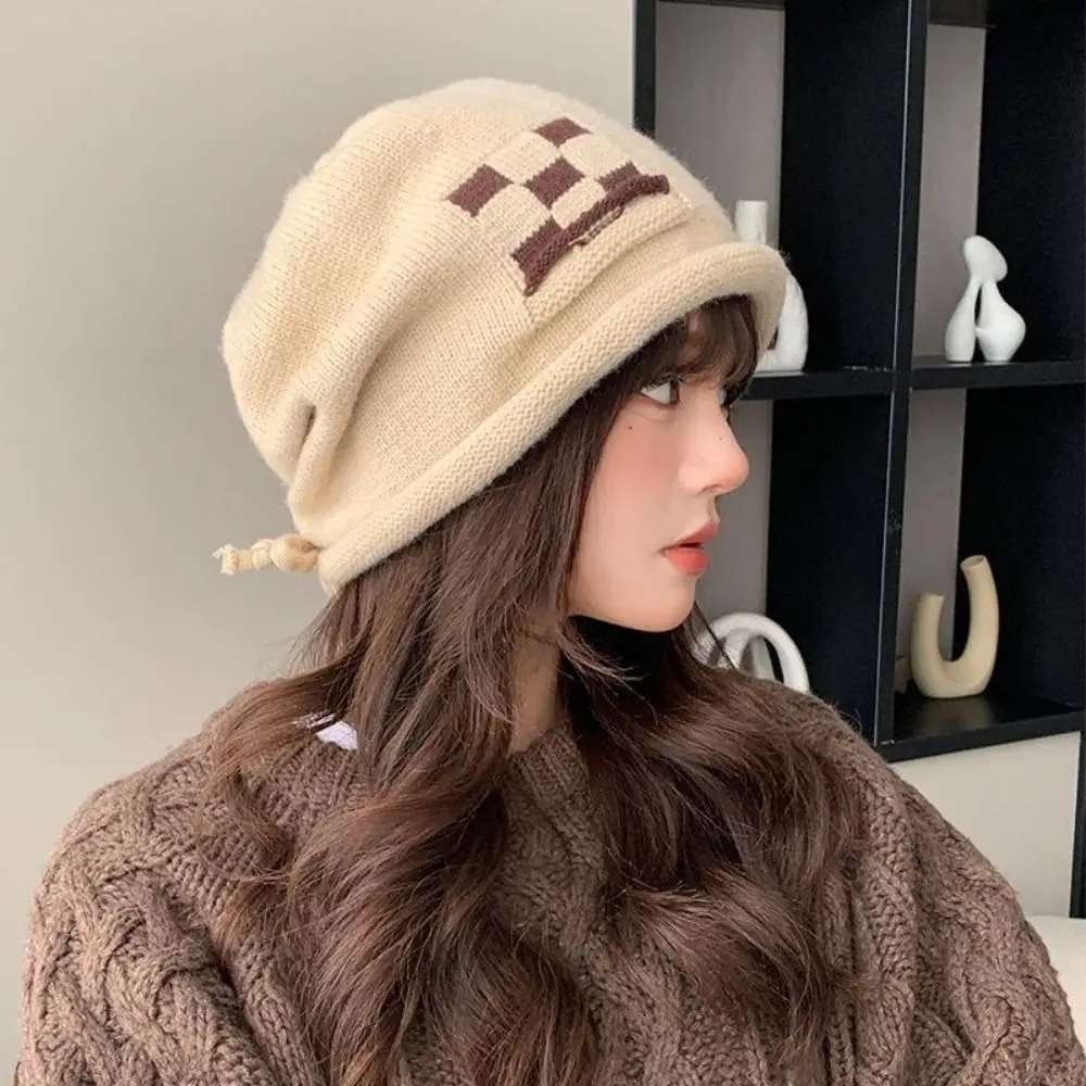 

Fashion Drawstring Knitted Hat Warm Cold Proof Pullover Cap Plush Ear Protection Hat Autumn Winter