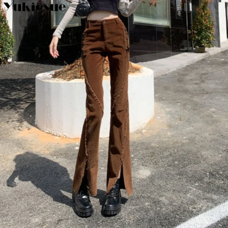 

Брюки-клеш с высокой талией, повседневные эластичные прямые брюки-клеш с карманами, осенне-зимние вельветовые брюки для женщин, однотонные