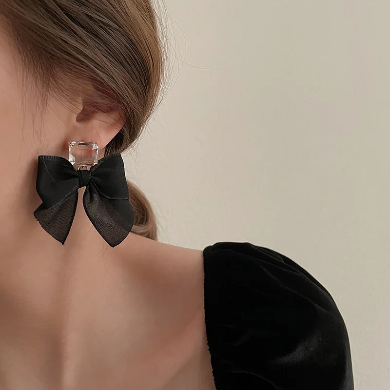 2023 Fashion Jewelry Korean Sweet Black White Bowknot Women Earrings Sweet Fabric Lace Bow Fashion Drop Earrings Jewelry Gift