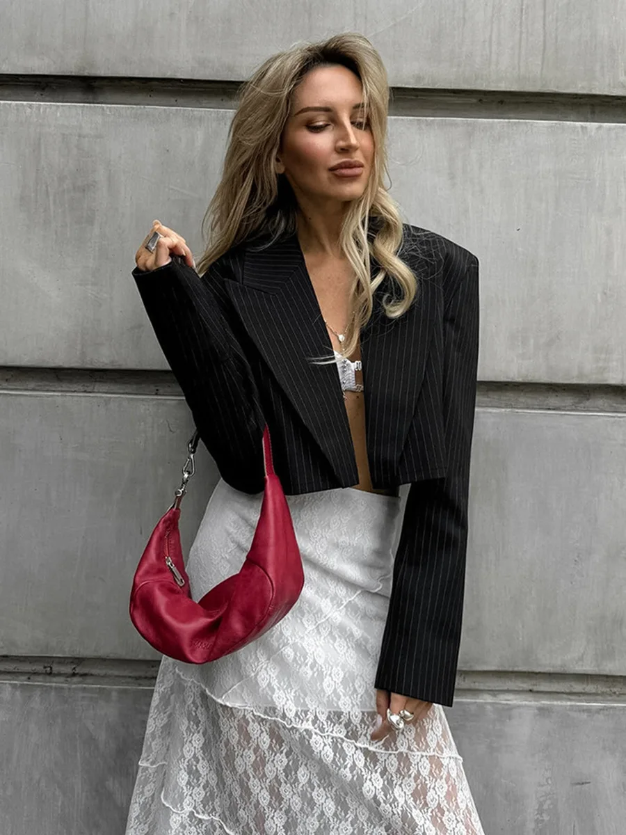Fashion Retro Striped Suit Women Clothes Long Sleeve Cropped Blazers Coat Black High Street Office Lady Slim Cardigan Outerwears