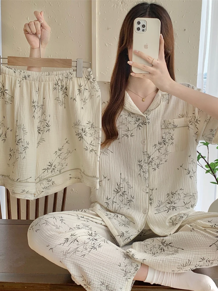 

Summer Women's Sleepwear Set Short Sleeve Cloth Home Clothes Integrated Design Three Pieces Floral Print Comfortable Lightweight