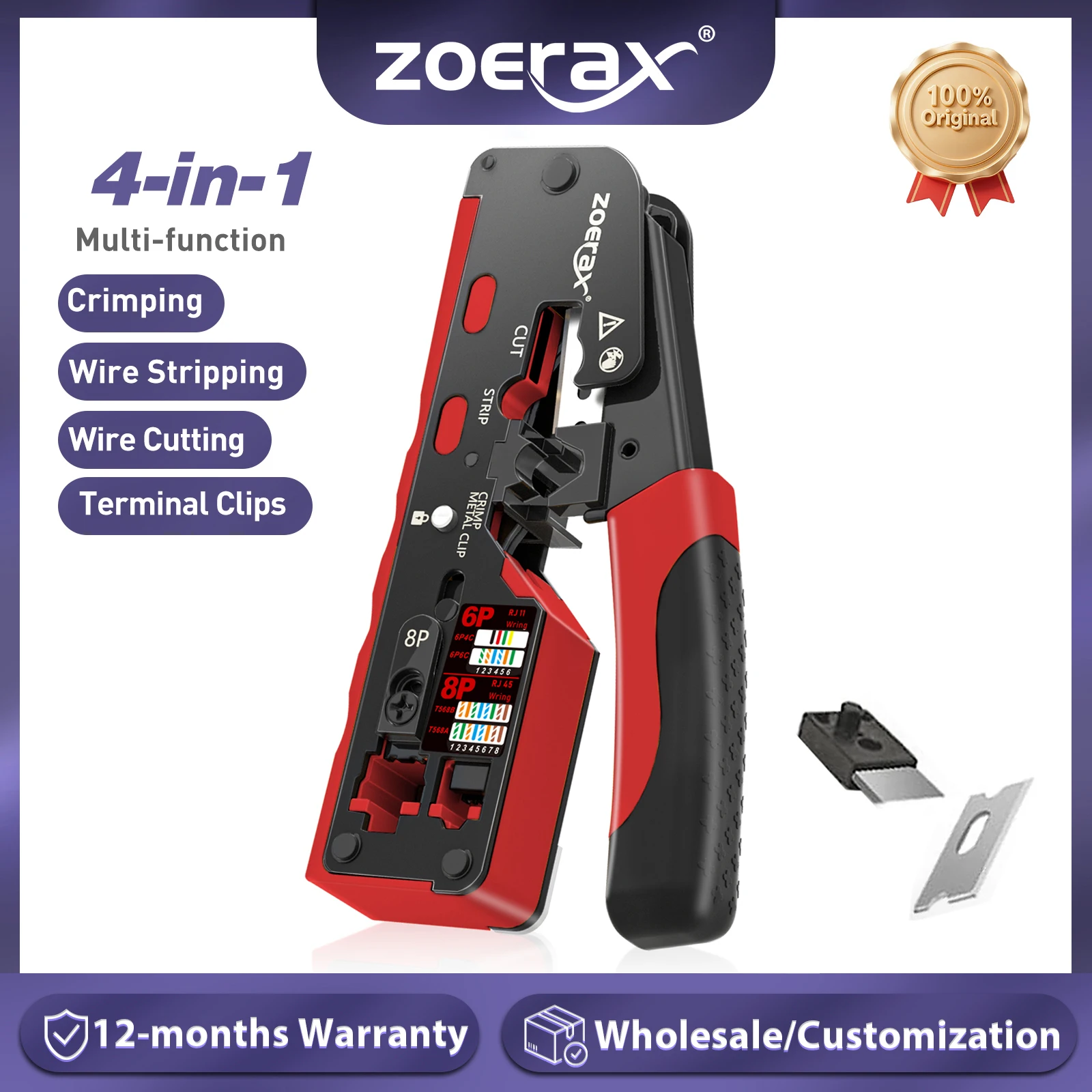 ZoeRax Narzędzie do zaciskania RJ45 CAT7 CAT6A do złącz sieciowych Cat7/6a/6/5e, przecinak do przewodów, ściągacz izolacji, zaciskarka Ethernet z ostrzami