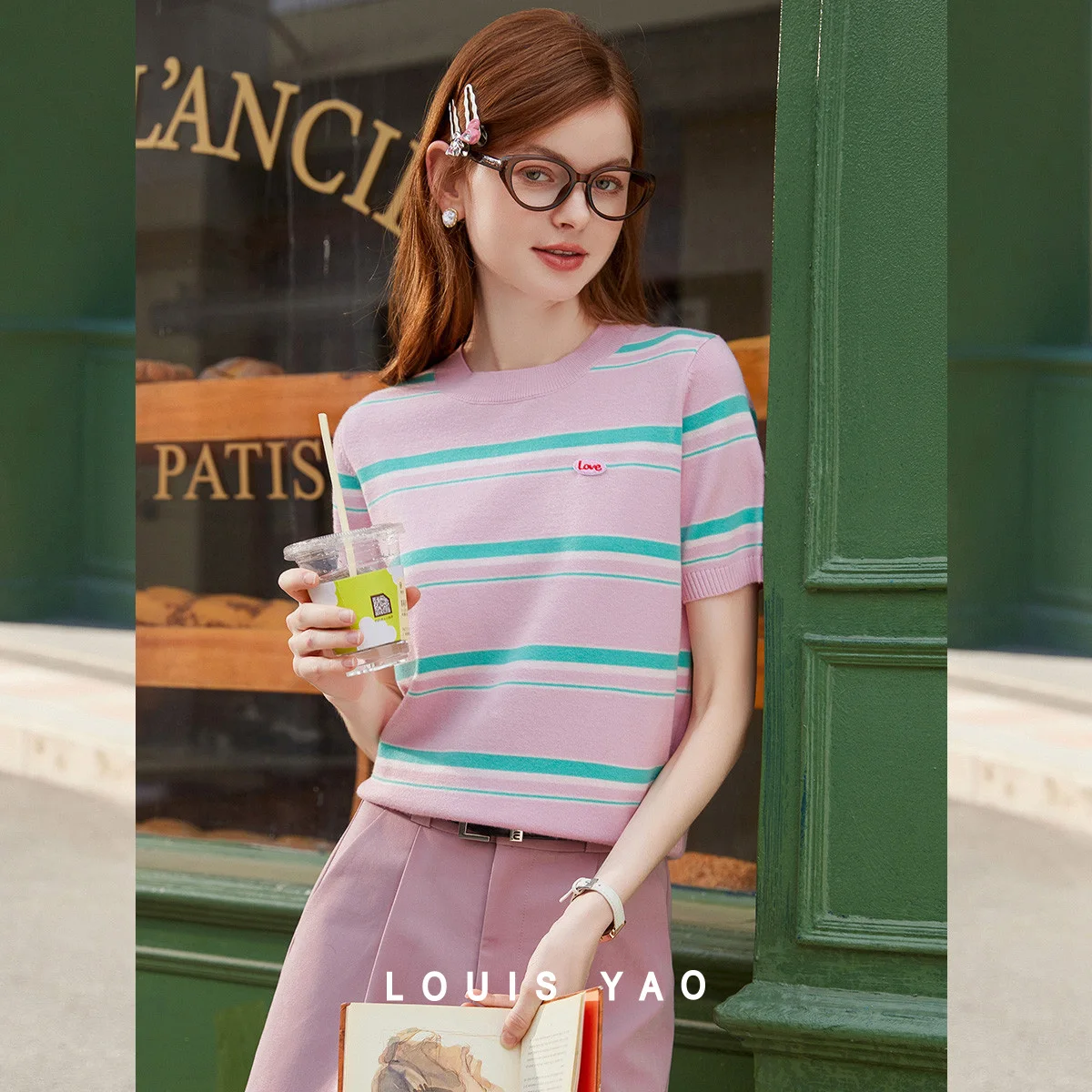 

LOUIS YAO Stripe Short Sleeve Knit T-Shirts 2026 Spring/Summer Top Sweet Round Neck Slightly Stretch Women's Knitwear