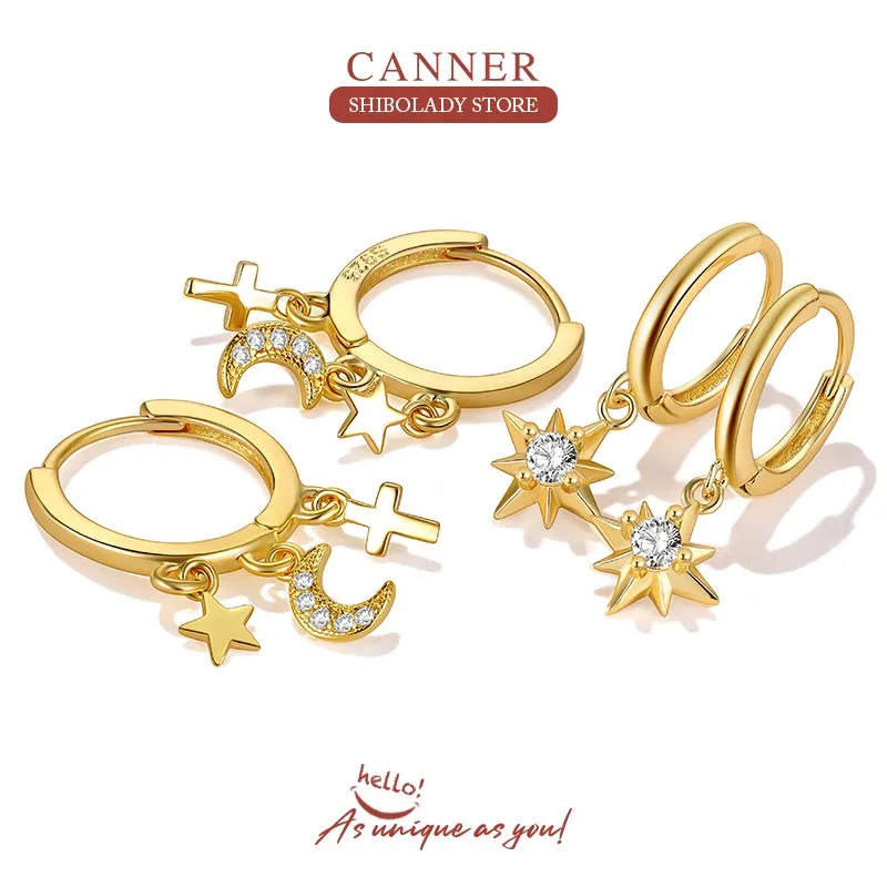 Canner 925 Sterling Verzilverd Goud Kristal Vijfpuntige Ster Oorbellen Vrouwen Eenvoudige Pendientes Bruiloft Sieraden 2023 Trending