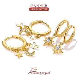 CANNER 925 Sterling Silver Plated Gold Crystal Five-pointed Star Earrings Women Simple Pendientes Wedding Jewelry  2023 Trending