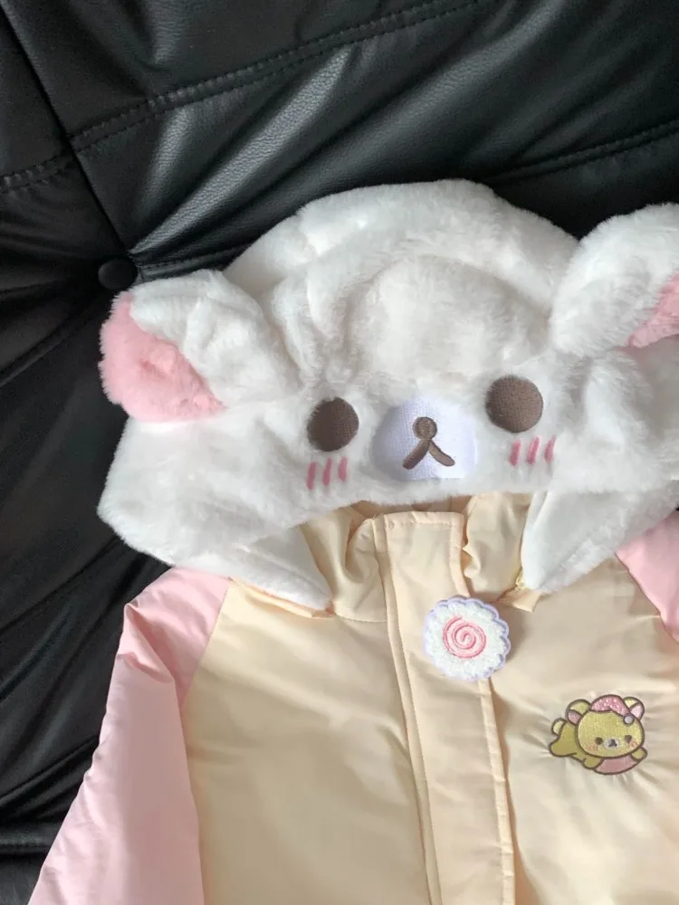 Japanese Kawaii Long Sleeve Parkas Harajuku Cartoon Bear Women Zipper Sweatshirt Sweet Casual Patchwork 2025 Autumn