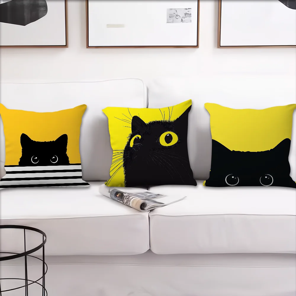 Black Cat Yellow Cartoon cushion cover For Pillow Sofa Printing Decoration Room Home Office Coffee Shop Car Nordic Simplicity