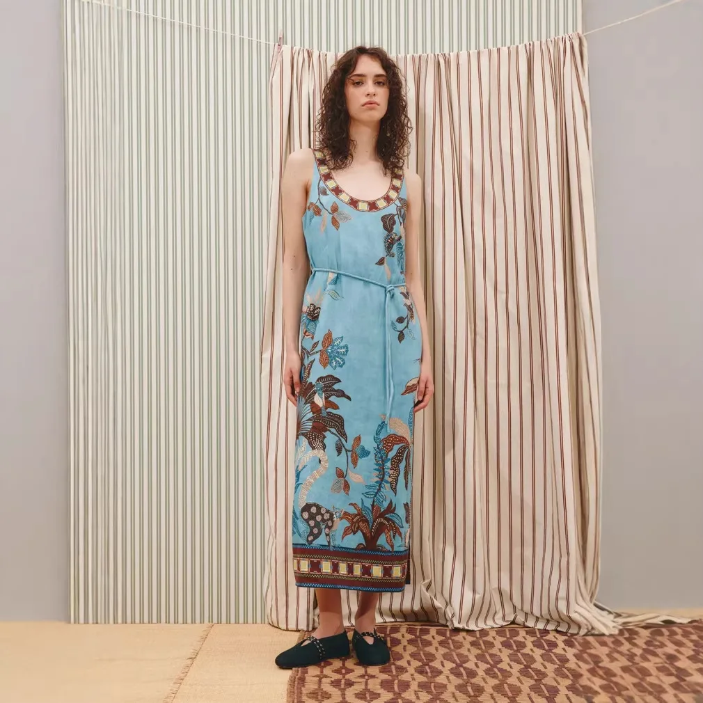 2026 European and American new printed linen fashion versatile dress
