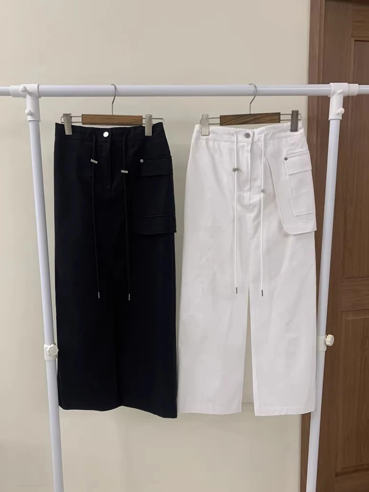 تنورة أنيقة عالية الخصر للعمل مع جيوب كبيرة ورباط جانبي للنساء، نمط كوري للارتداء اليومي