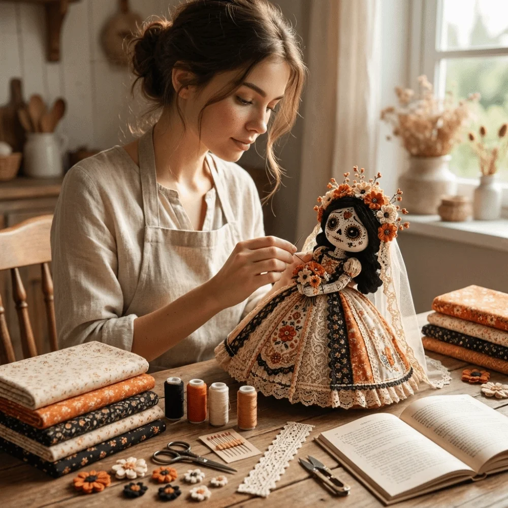 Cute Patchwork Halloween DIY Sewing Kit Fabric Unfinished Making Set Handcraft Hand-Stitch Craft Kit Day of the Dead