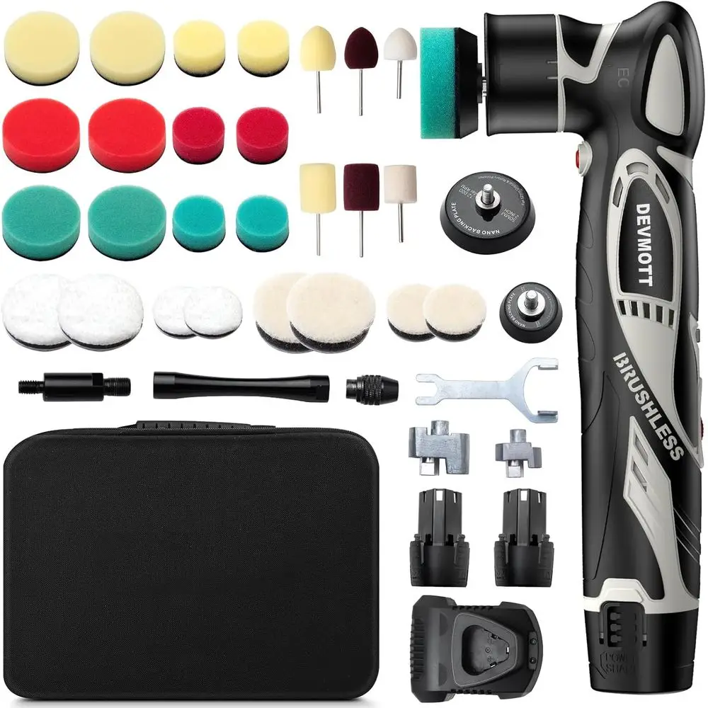 

Беспроводная мини-полировальная машина, бесщеточный двигатель 12 В, мини-буферная полировальная машина 1/2 дюйма с 2 батареями емкостью 2,5 Ач, 2000-5500 об/мин, RO/DA Polishi