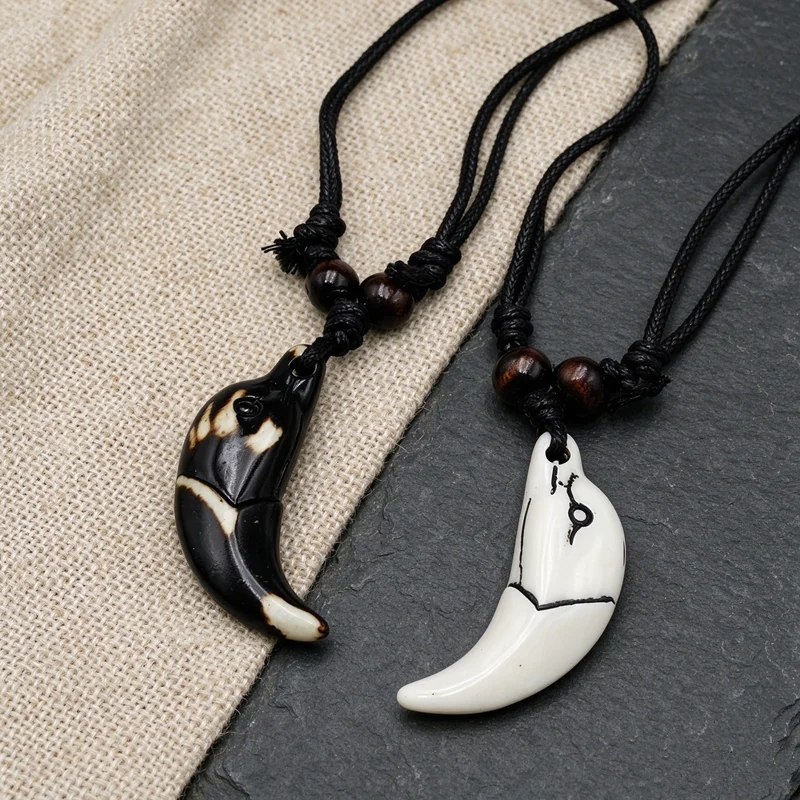 Dolphin Shaped Faux Tooth Necklace Resin Imitation Bone 2 Colors Adjustable Black Cord Surfer Beach Jewelry