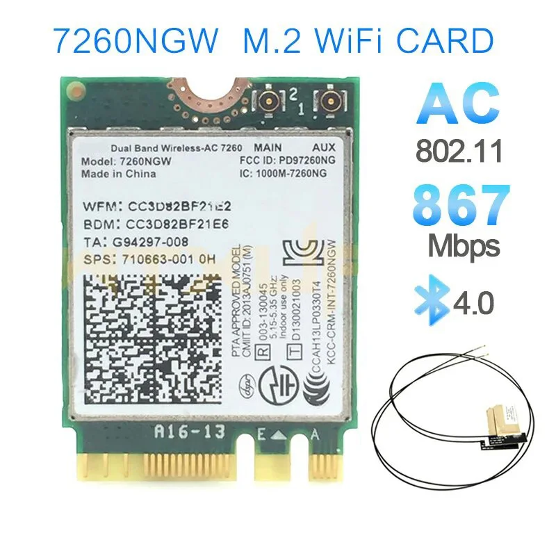 Wifi Card Dual Band Wireless-AC 7260NGW 7260AC NGFF 867Mbps BT4.0 Wlan Card Support Asus/Acer/Dell/Toshiba Laptop