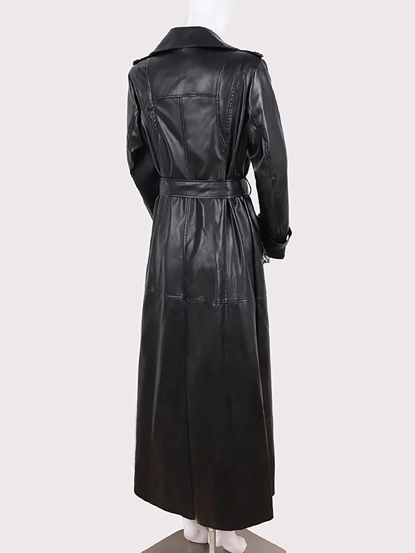 Autumn Extra Long Black Soft Faux Leather Trench Coat for Women Belt Double Breasted Floor Length Luxury Designer Clothes 2025