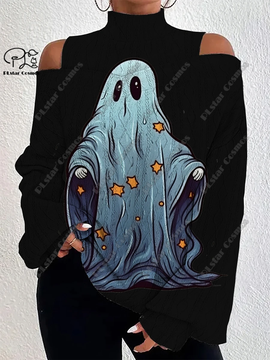 3D Printed Halloween Series Horror Ghost Pattern Women's Lantern Sleeve Off Shoulder Textured Top Casual Long Sleeve Daily K-1