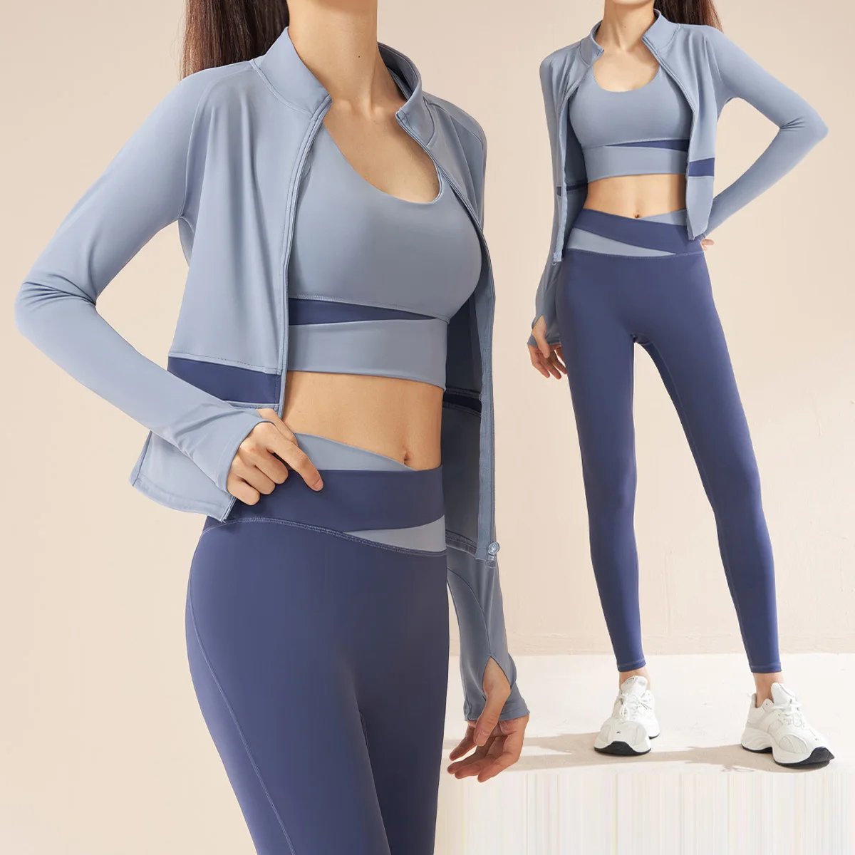 

Women Yoga Set Fitness Gym Coats+Bra+Leggings Workout Sportswear Tracksuit Legging Fitness Bra Crop Top Long Sleeve Sports Suits