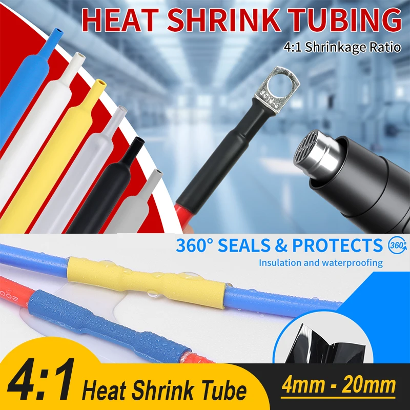 1-25m Dual Wall 4:1 Heat Shrink Tube with Glue 4 6 8 12 16 20mm Black Insulation Heat Shrink Wrapping DIY Connector Wire Kit