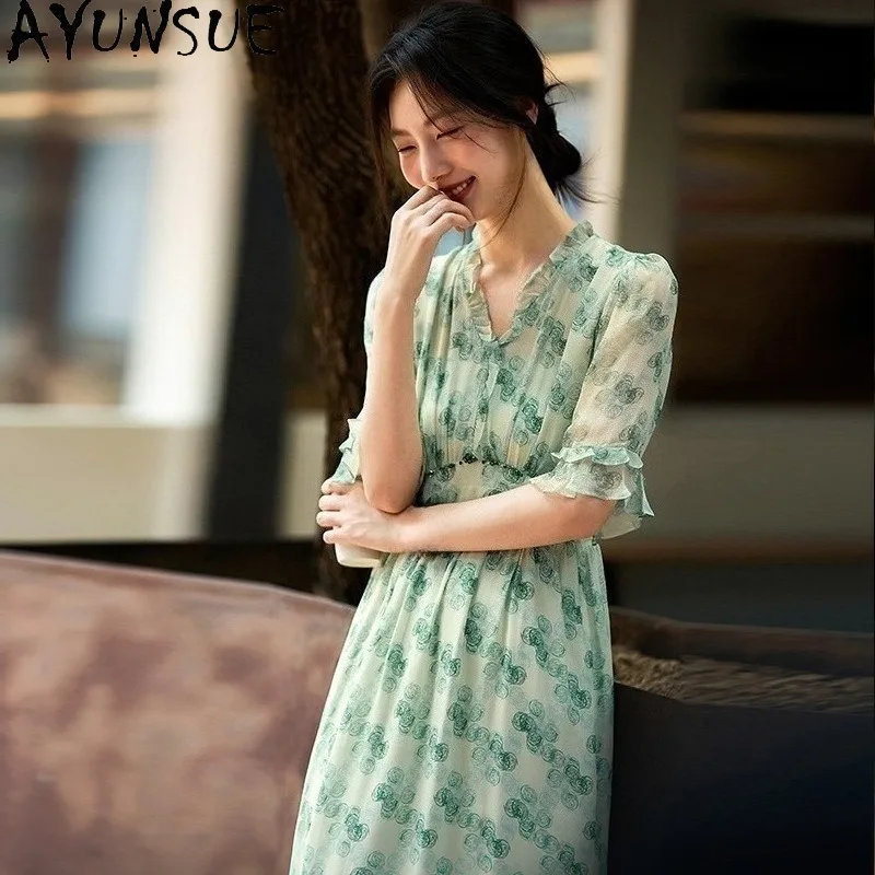 AYUNSUE 100% vestidos elegantes de seda Mulberry para mujer, vestidos verdes de verano con cuello en V, vestidos largos, ropa de mujer, Vêtement Femme