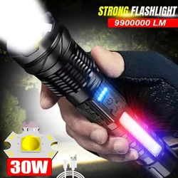 Powerful White Laser LED Flashlight Waterproof 18650 Torch With Side Light 7 Modes Camping Fishing Lantern USB Rechargeable Zoom