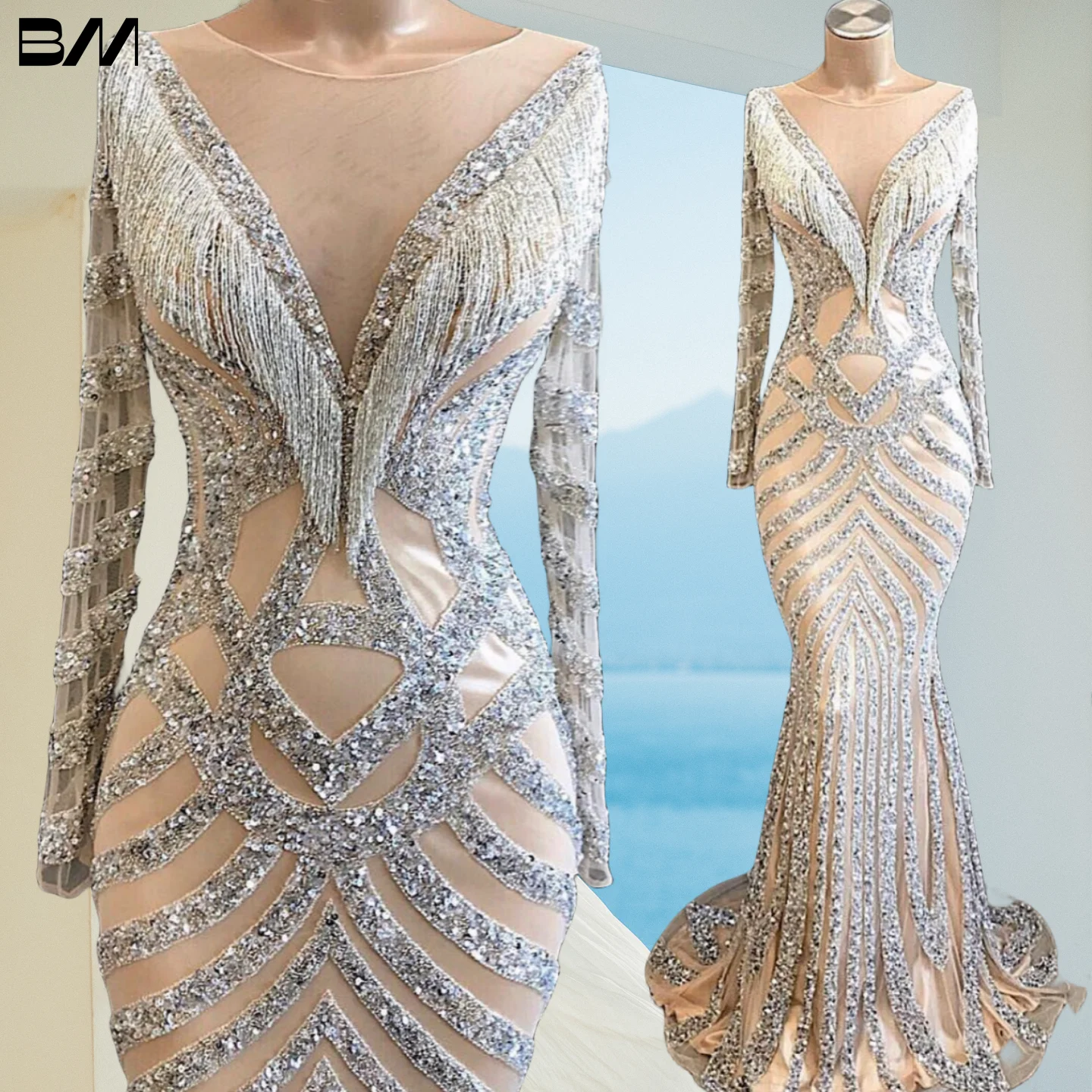 

Beaded Tassel Mermaid Party Dress For Women Formal Occasion Dress Long Sleeve O Neck Evening Dress Vestidos De Noche