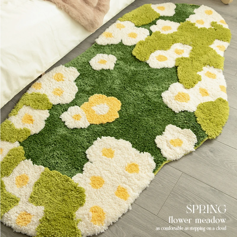 Handmade Floral Grass Garden Moss Carpet for Living Room Bedroom Bedside Blanket Green Color Irregular Tufting Soft Area Rug