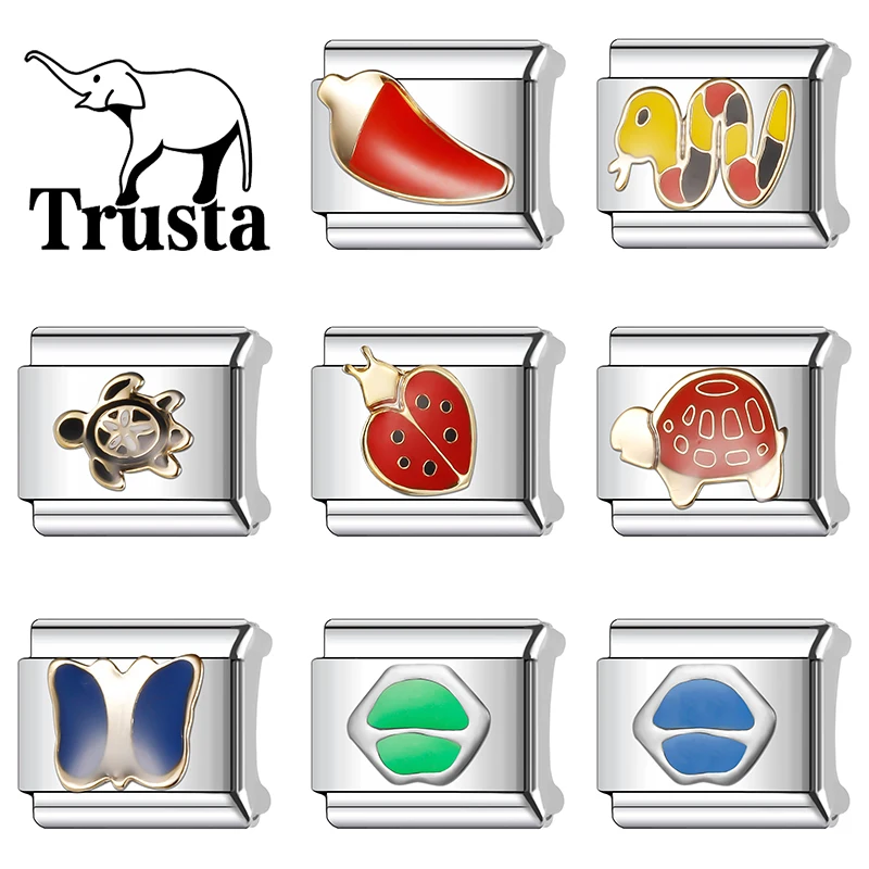 Trusta 2025 Turtle Beetle Charm Ltalian Links 9mm Bracelet Stainless Steel for Girls Birthday Gift DIY Jewelry Wholesale N402