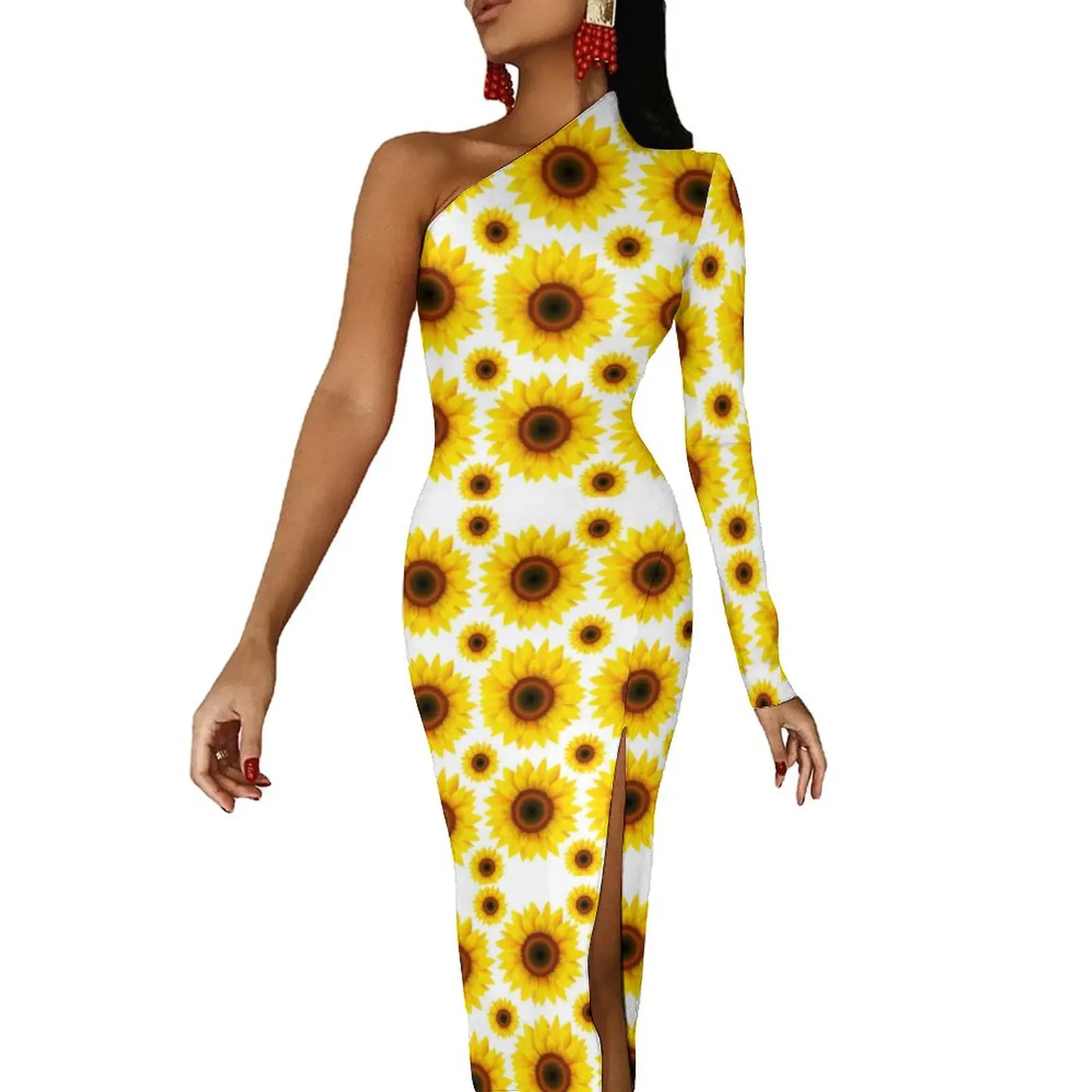 Cheerful Sunflower Maxi Dress Long Sleeve Yellow Sunflowers Print Street Wear Bodycon Dresses Autumn Sexy Dress Graphic Vestidos