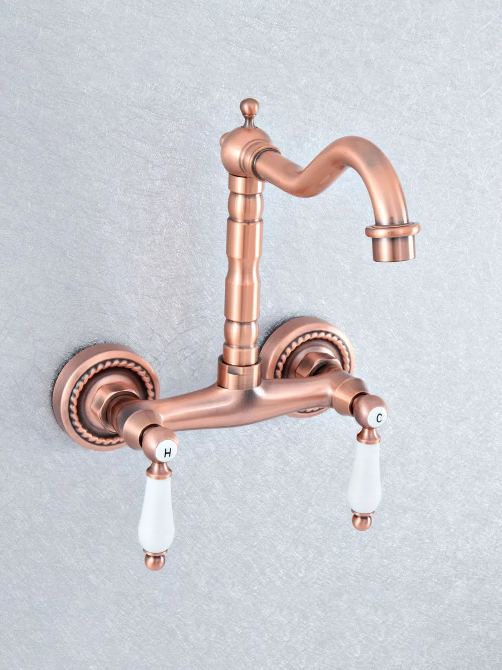 

Antique Red Copper Brass Wall Mounted Bathroom Kitchen Sink Faucet Swivel Spout Mixer Tap Double Ceramic Handles Levers Lsf887