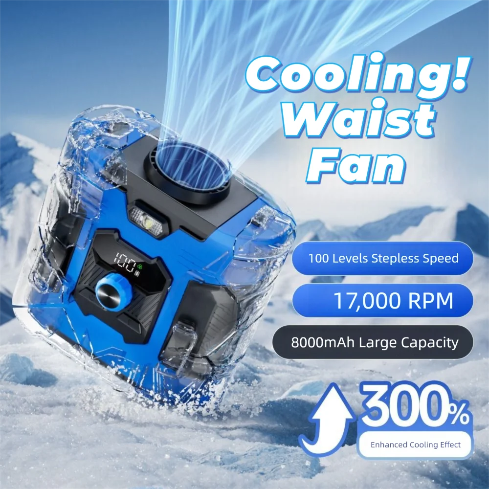 

High-Speed Waist Mounted Fan Refrigeration 8000mAh Mini Electric Fan with Light USB Rechargeable Personal Cooling Fan