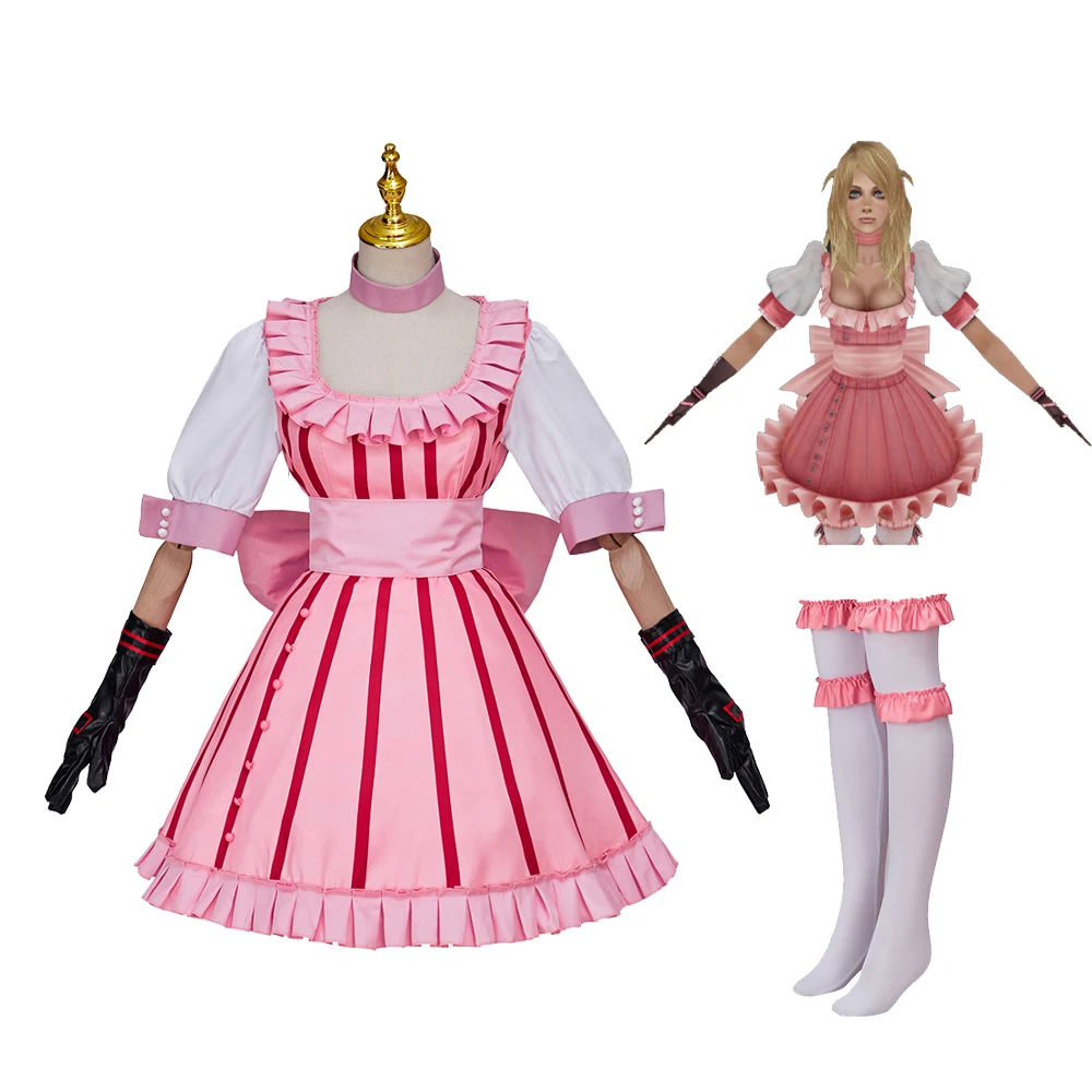 

Game No More Heroes Bad Girl Cosplay Costume Pink Lolita Striped Dress Women Girls Maid Dress Halloween Party Cute Outfits