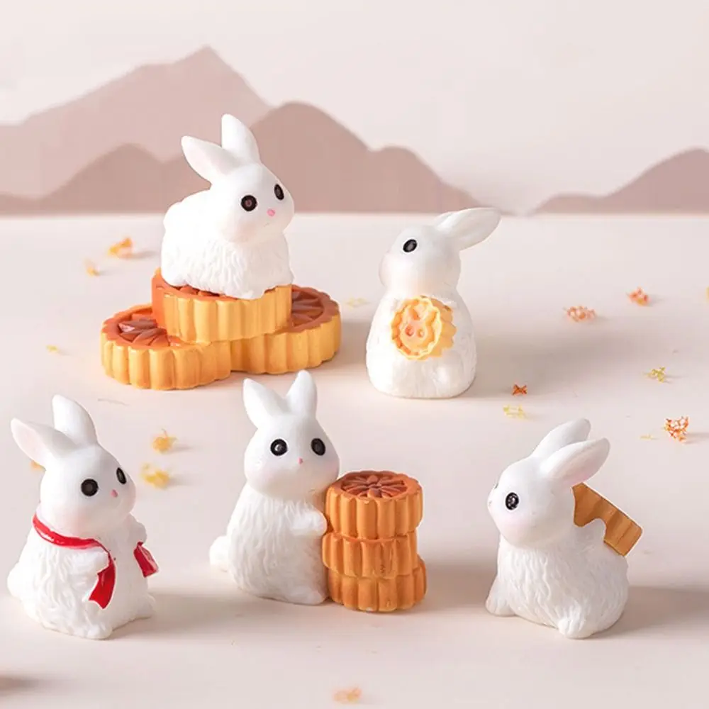 Cute Moon Cake Rabbit Miniatures Realistic Chinese Style Mid-Autumn Rabbit Ornaments Resin Crafts DIY Micro Landscape Decoration